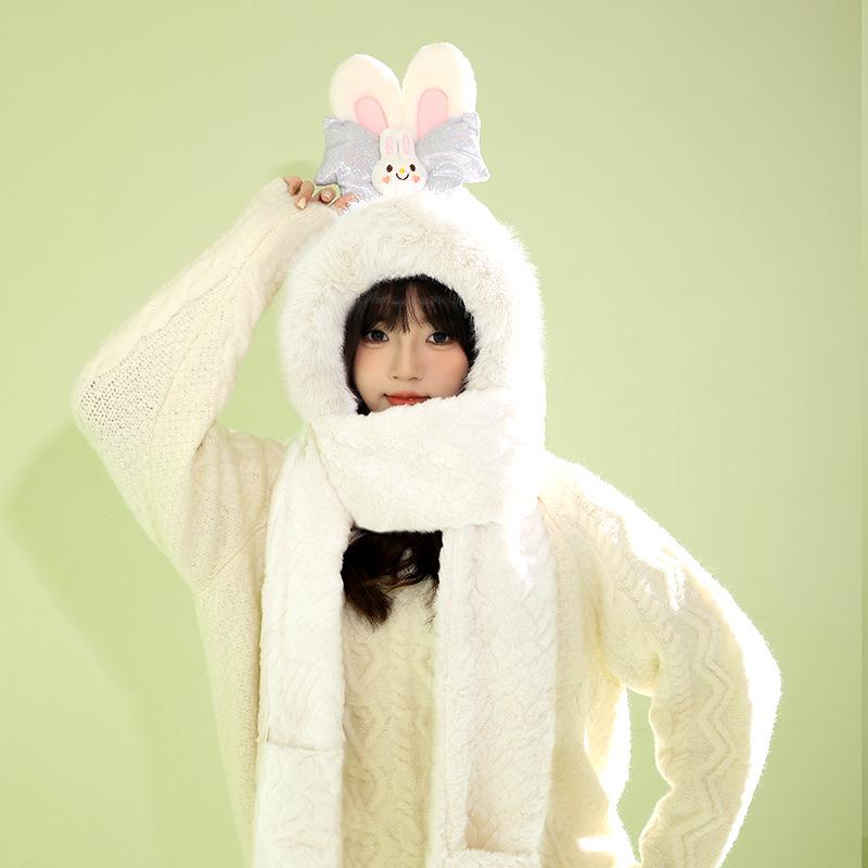 Women's Cozy Fox Ear Plush Hat with Integrated Scarf - Warm, Soft Lei Feng Design for Autumn and Winter. Perfect Ear Protection for Students.