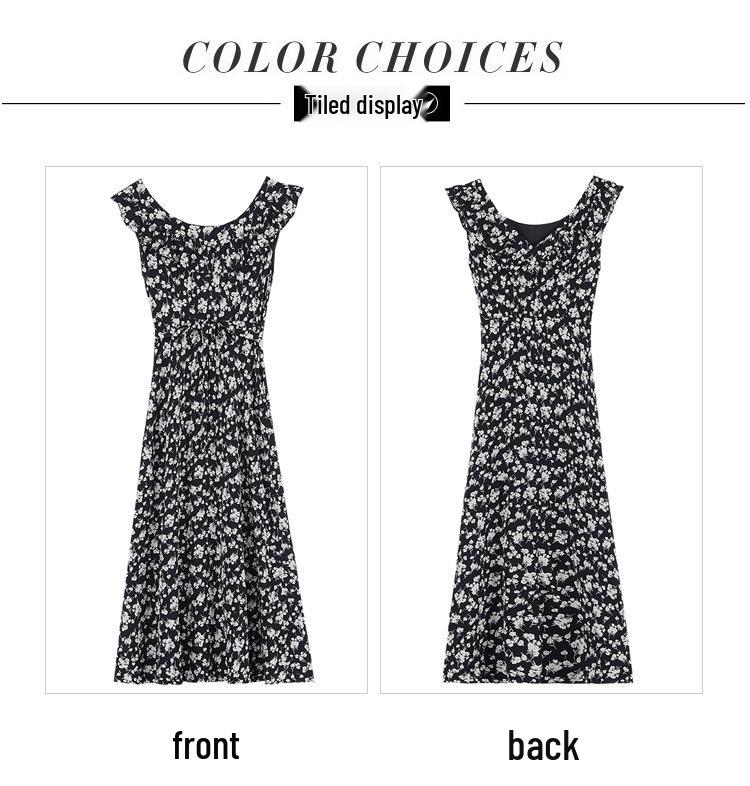 French Black Floral Puff Sleeve Camisole Dress for Women - Summer Seaside Vacation Style