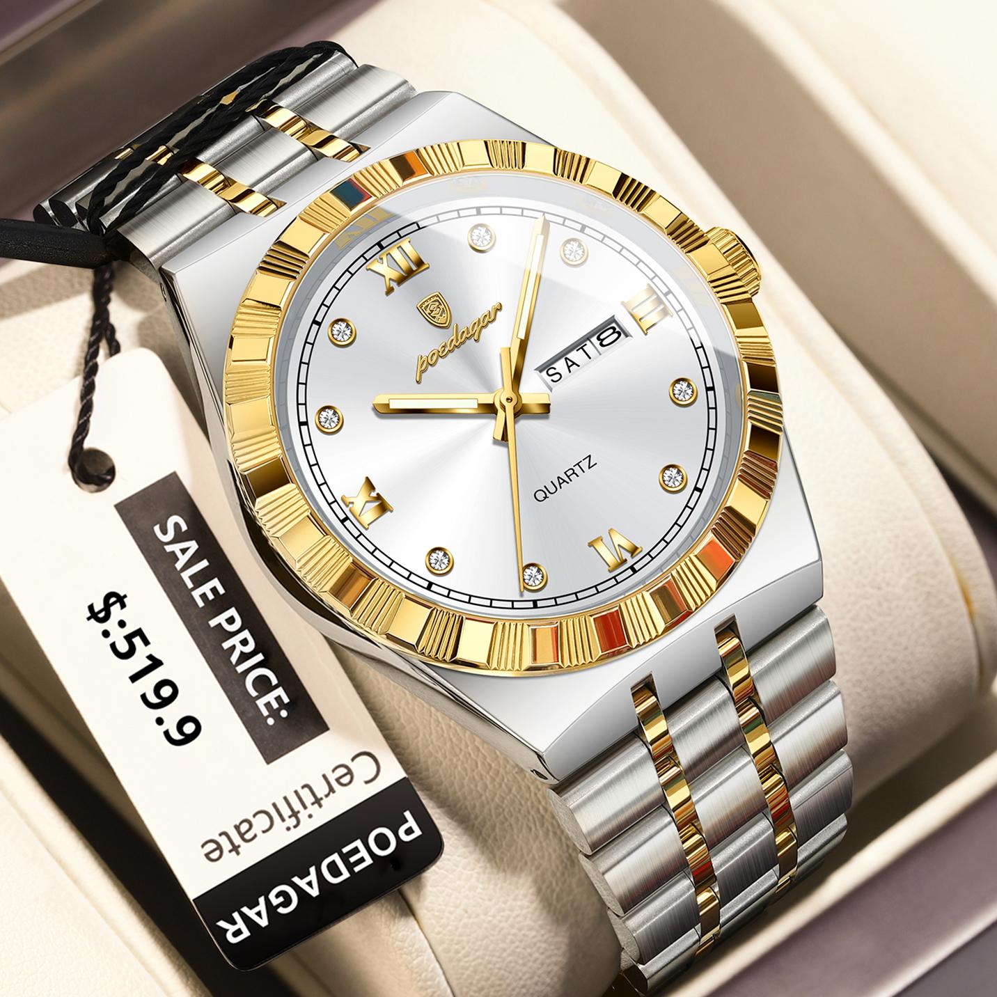 

Роскошные мужские бизнес-часы Водонепроницаемые Светящиеся Неделя Дата Мужские наручные часы Нержавеющая сталь Модные кварцевые часы белый