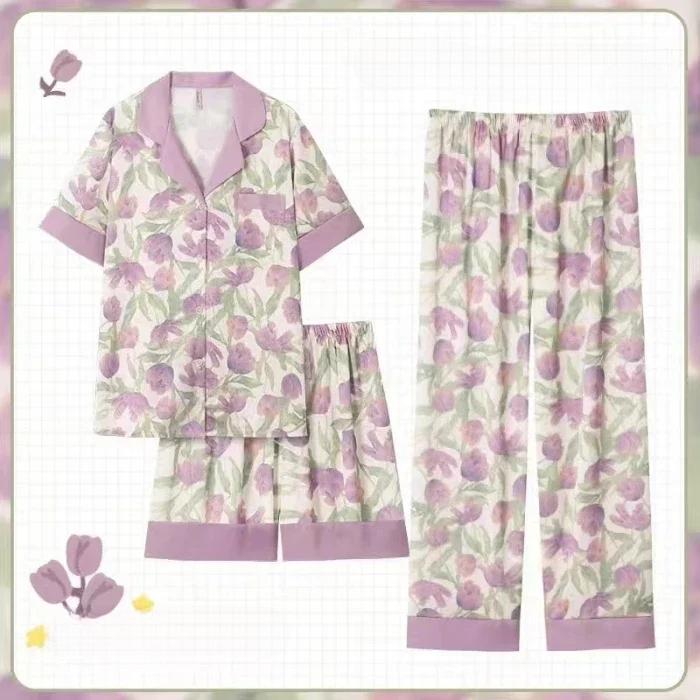 3 Pieces Set Night Wears for Women Summer New Short Sleeve Casual Striped Faux Silk Pijamas Set for Women Luxury Pyjamas Set