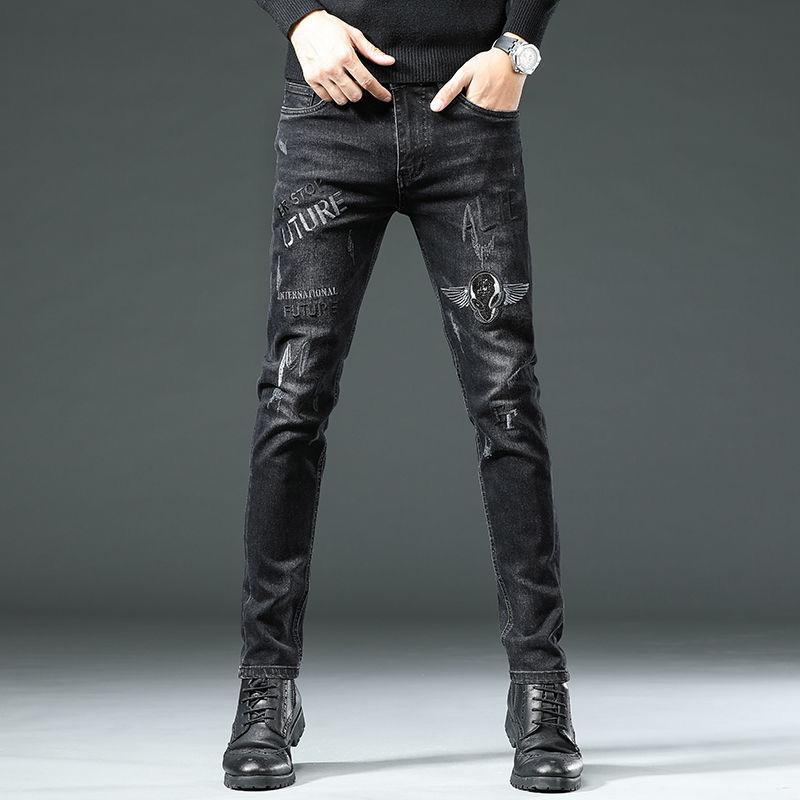 Černé džíny pánské podzimní high-end trendový potisk výšivkou Tenké jarní a podzimní modely small foot jeans kalhoty