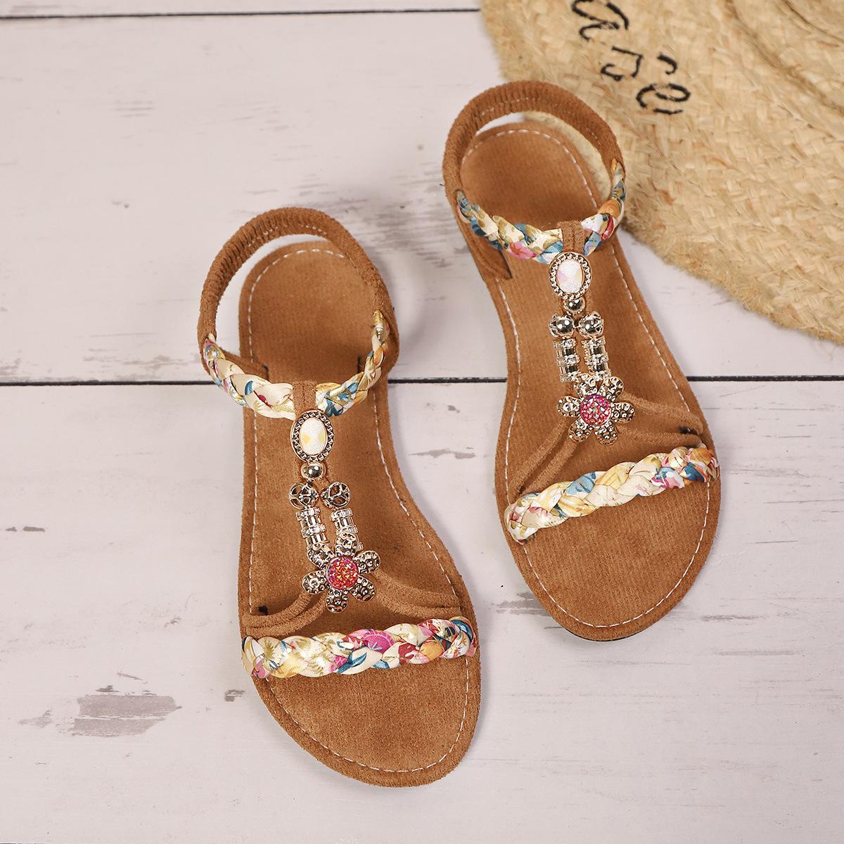 

Женские сандалии Летние Новые Красочные Плетеные Бусины Круглый Носок Удобные Плоские Сандалии 42 кофейный
