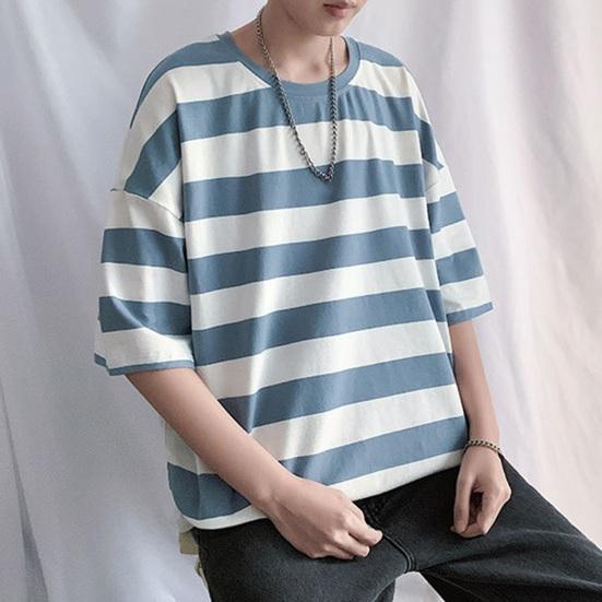 Men Summer T-shirt Striped Color Matching Half Sleeves Round Neck Loose Japanese Style Casual Daily Wear Teenager Streetwear Spring Top