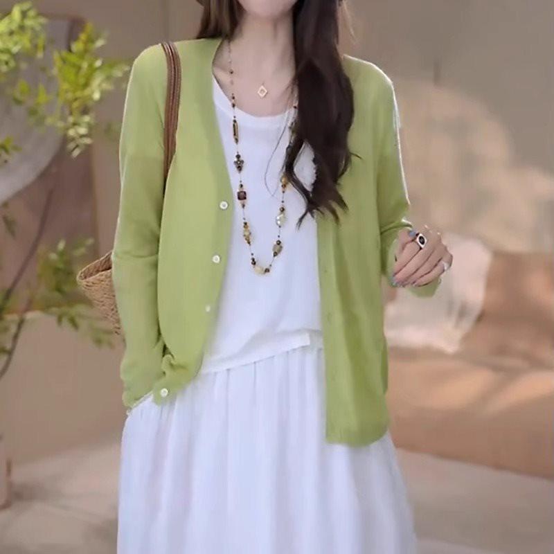 

Plus Size 2025 Summer Thin Knitted Long Sleeve Cardigan for Women M (Recommended 90-100 jin)
