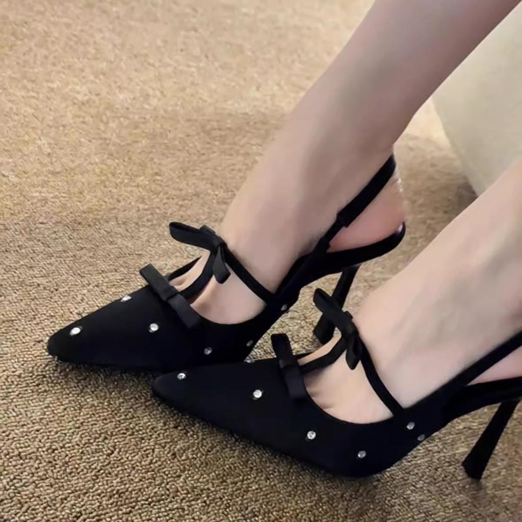 Design Sense Polka Dot Rhinestone Bow Sexy Black High Heels Thin Heel Pointed Head Beautiful Shallow Mouth Backempty Sandals Women
