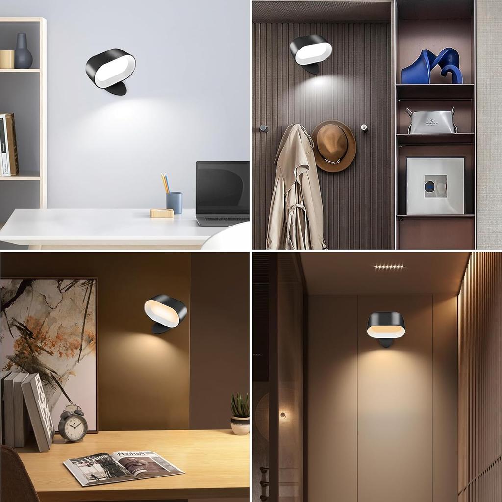 LED Wandleuchten, Wiederaufladbare Wandleuchtenlampe 3 Farben Fernbedienung und Touch, 360° Drehbar Dimmbare Wandleuchte für Schlafzimmer
