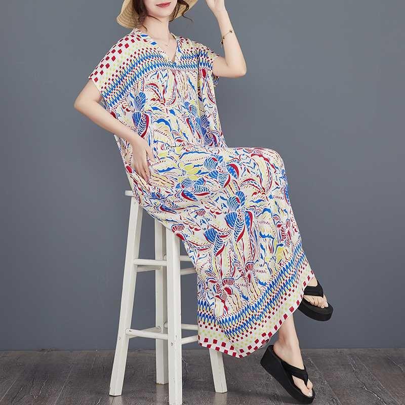 Real Spot Summer New Fresh Cotton Silk Positioning Flower Bohemian Robe Dress V-neck Robe Women