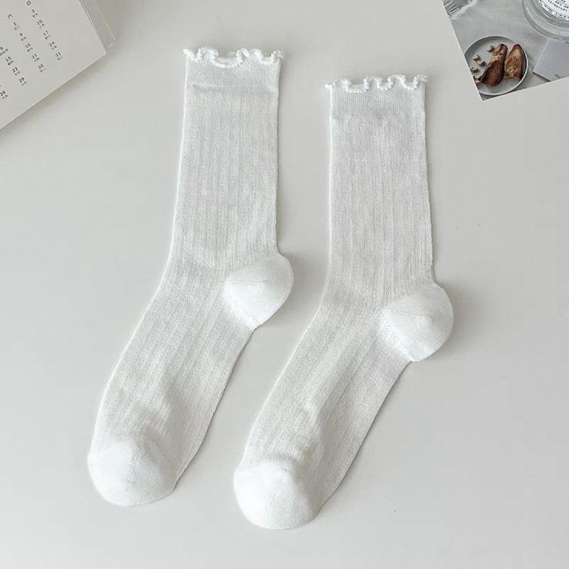 Women's Summer Thin Solid Color Wood Ear Lace Mesh Breathable Tube Stack Socks