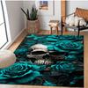 Dark Gothic Skull Rug,Metallic Skull with Teal Roses Non-Slip Floor Mat for Bedroom & Living Room, Edgy Exotic Home Decor Carpet