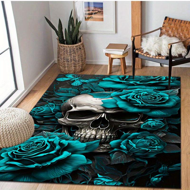 Dark Gothic Skull Rug,Metallic Skull with Teal Roses Non-Slip Floor Mat for Bedroom & Living Room, Edgy Exotic Home Decor Carpet
