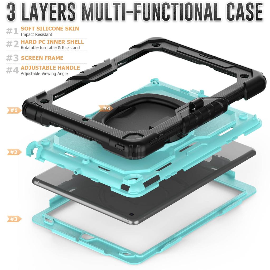For iPad 7/8/9th 10.2'', Military Grade Shockproof Protective Silicone Cover 360 Folding Handle Grip + Handle Shoulder Strap
