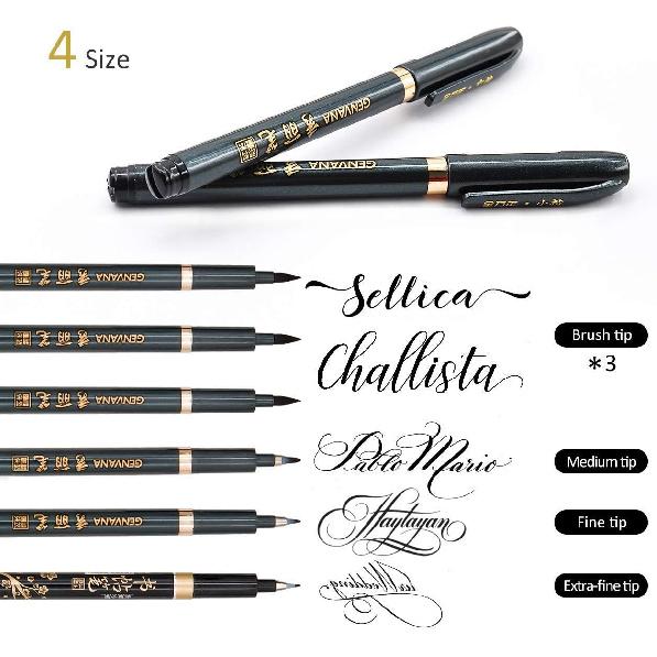 Hand Lettering Pens, Refillable Calligraphy Pens Brush Marker Pens Set Black, 4 Size for Writing, Painting, Drawing, Pack of 6