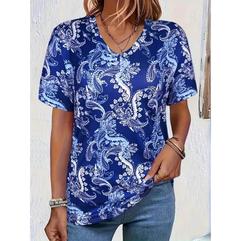 

T-shirt Women s Summer Casual Elegant V-neck Short Sleeve Retro Floral 3D Top Loose Casual Wear Ladies T-shirt 6XL