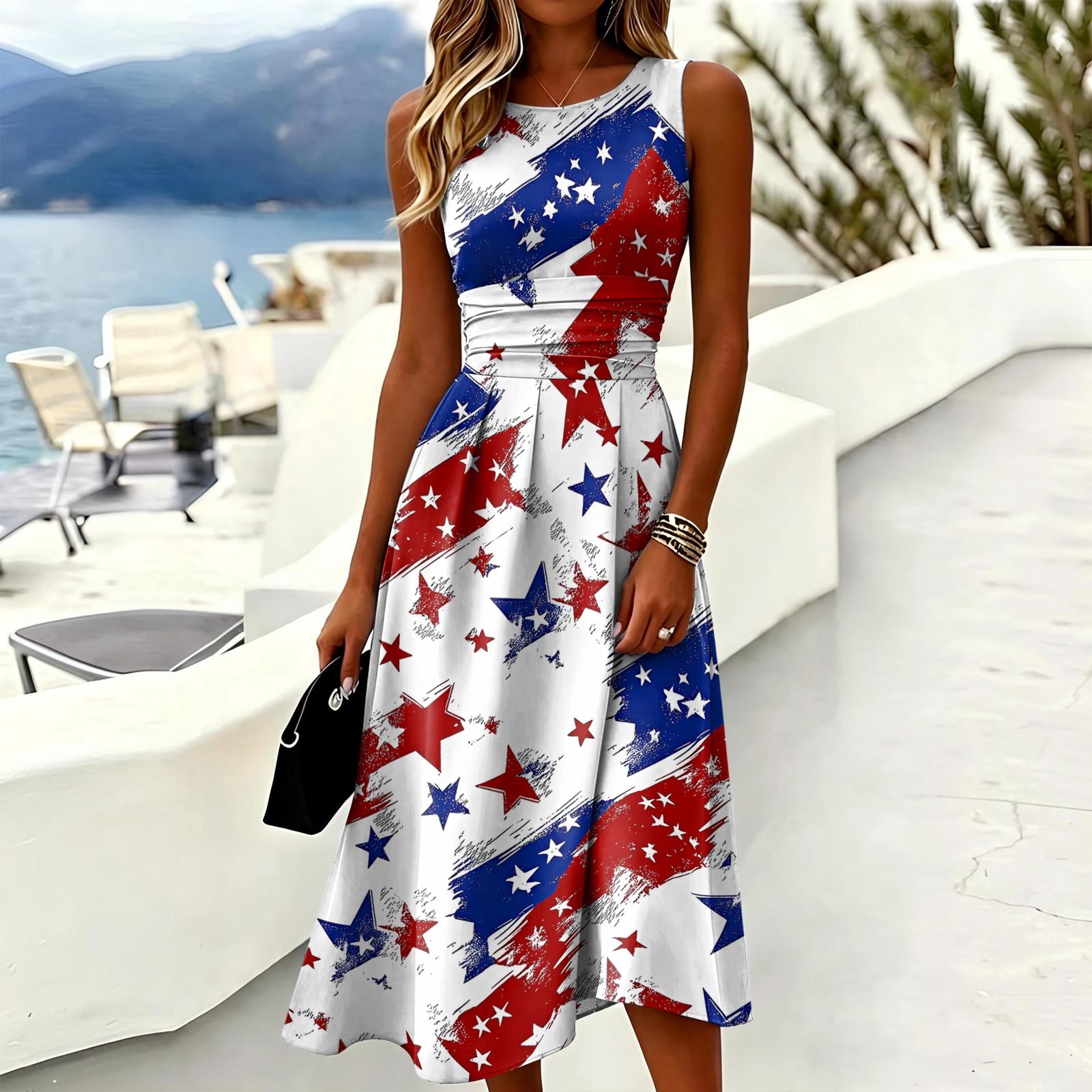 

Sleeveless Casual Midi Dress for Women Round Neck Star Print Relaxed Fit Summer Dress with Waist Detail XL