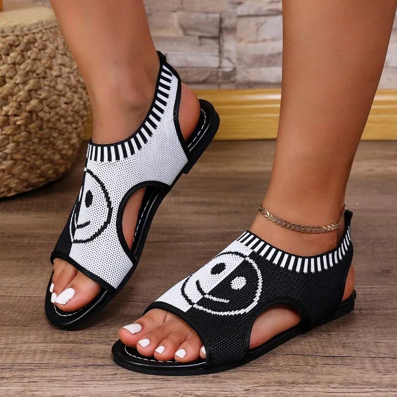 

Повседневная мода летние цветные женские туфли 2024 вязаные дышащие женские сандалии на плоской подошве универсальные уличные сандалии большого размера 43 чёрный