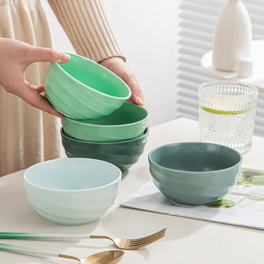 Set of 5 Gradient Macaron-Colored Wavy Ceramic Bowls - Household Soup Bowls and Rice Bowls, High-End Tableware Gift Box Set