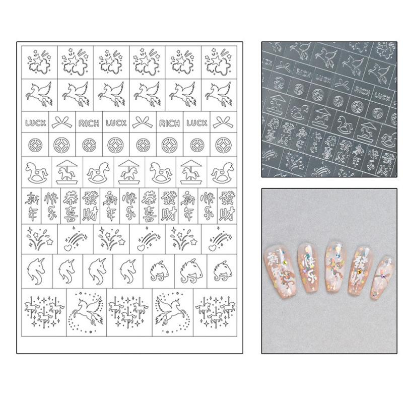 Fully Transparent Hollow New Year Of The Horse Nail Stickers Spray Painting Stencil Templates Patting Adhesive Auxiliary Tool