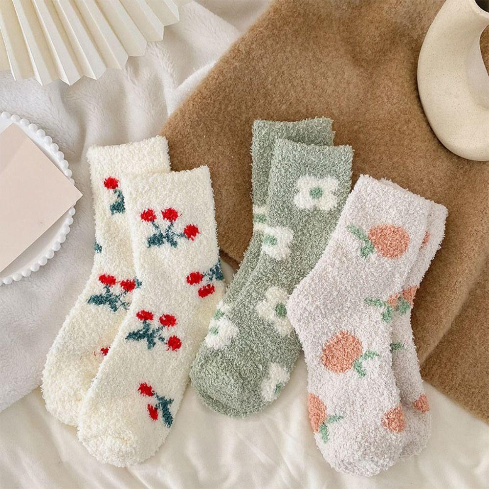 Flower Strawberry Floor Plush Socks Thickened Warm Socks Women Cute Coral Fleece Socks Autumn