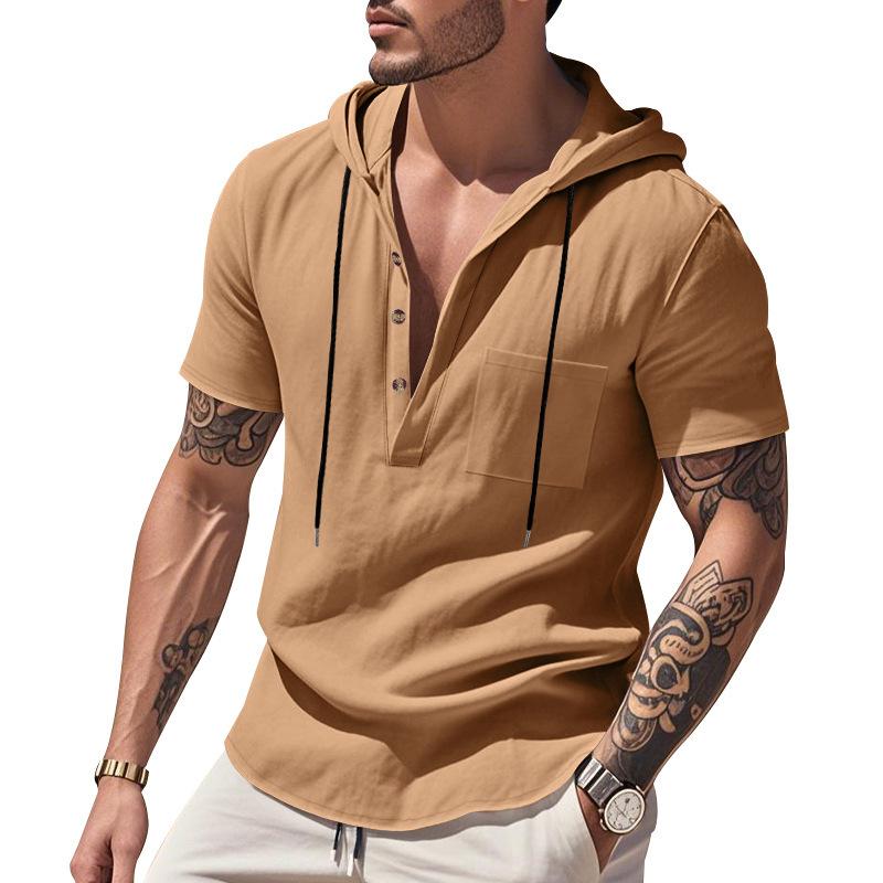 Men's Relaxed Fit Linen Beach Hooded Pocket Henley Short-Sleeved Shirt