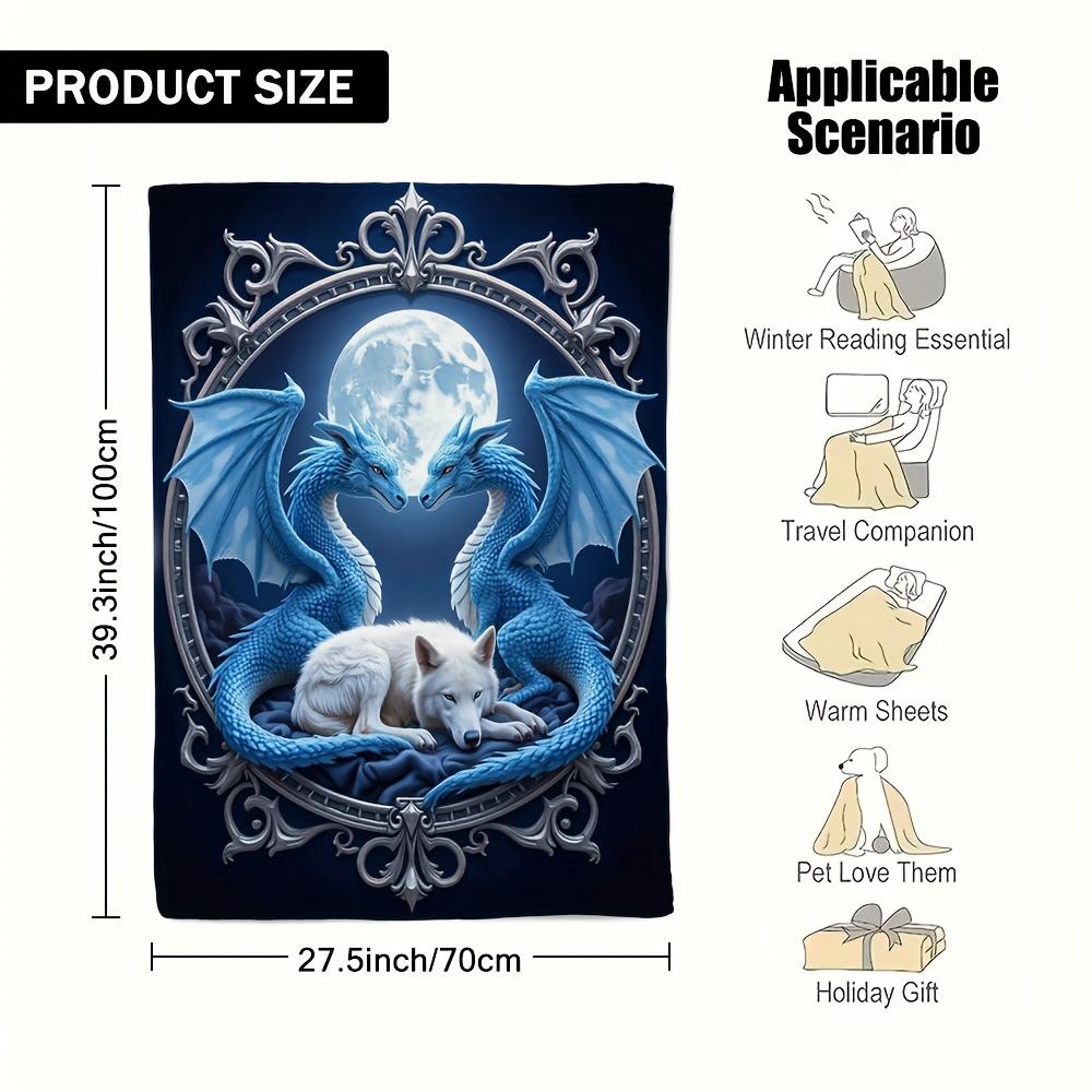 

Blue Dragons and White Wolf Fleece Blanket Fantasy Art Design Soft Cozy Throw Home Decor for Living Room or Bedroom 40x60 70x100cm28x39in