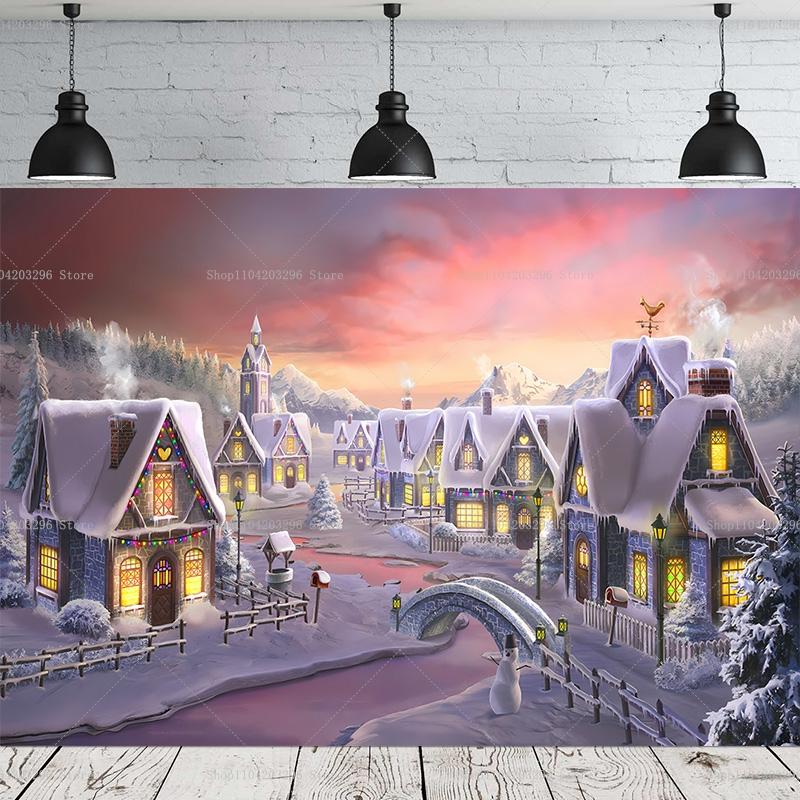 Winter Weihnachtsdorf Hintergrund Heimdekoration Fotostudio Hintergrund Neujahr Schneestadt Berge Hintergrund