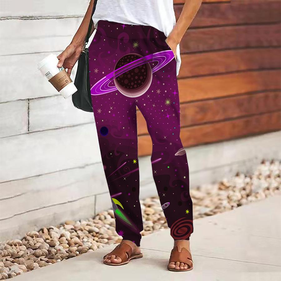 Women Planet Printing Pants Lace Up Elastic Waist Loose  Trousers Casual Long Pants Trousers with Pockets