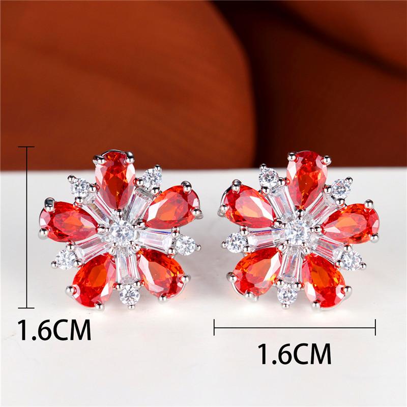 Female Crystal Green Stone Flower Stud Earrings Vintage Silver Color Wedding  For Women