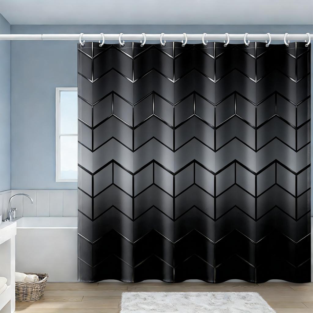 3D Black Geometric Chevron Pattern Waterproof Shower Curtain For Modern Bathroom