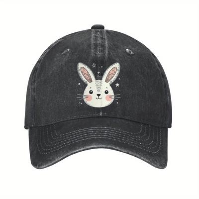 Cute Bunny Face Graphic Denim Baseball Cap Washed Casual Adjustable Cotton Dad Hat