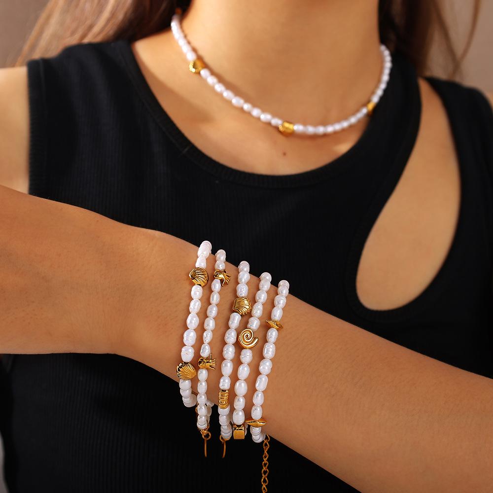 French Seaside Beach Wind Shell Gold Bean Natural Freshwater Pearl Bracelet Necklace Stainless Steel Gold-plated Set