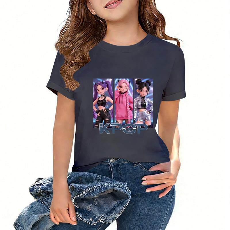 Kids Girls Kpop Hunters Zoey Mira Rumi Print Short Sleeves T-shirt