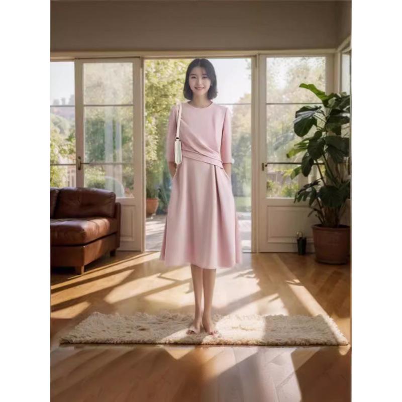 Plus Size French Boat Neck Ruched Waist Midi Dress for Curvy Women 2XL розовый