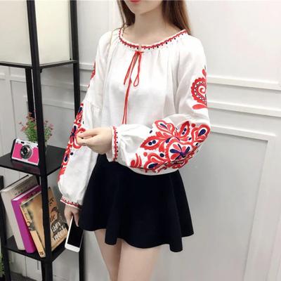 Sommershirt Damen Ethno-Stil Besticktes Muster Pullover Tops Rundhals Laternenärmel Lockere Passform Bluse