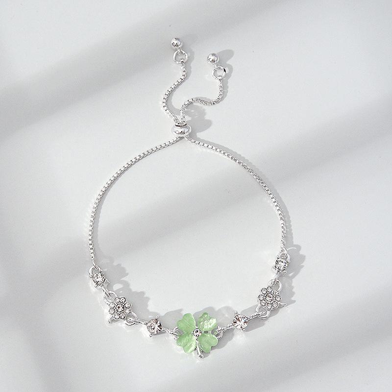Lucky Four-Leaf Clover Adjustable Green Cat's Eye Bracelet for Women (Mori Style)