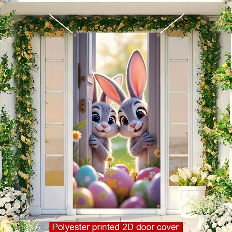 2D Easter Bunny Door Cover, Cute Peeking Rabbits & Eggs Home Decoration