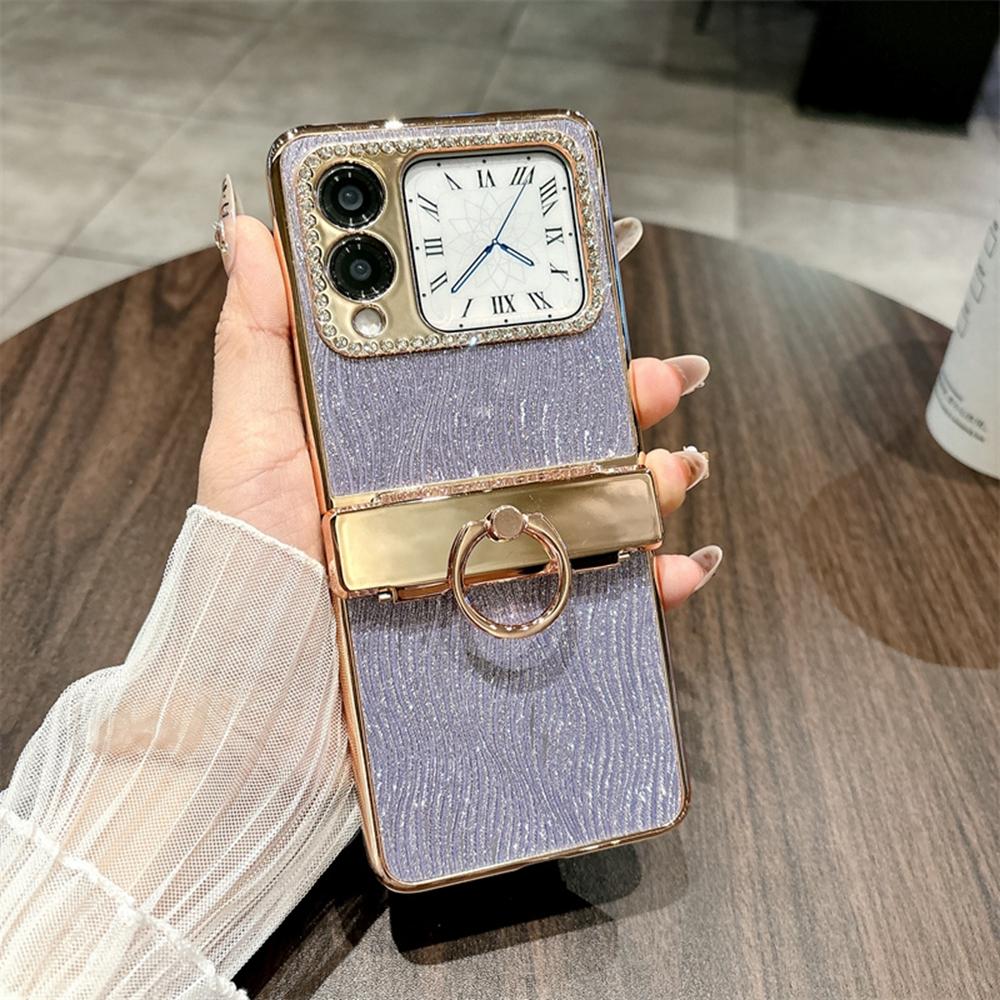 

For Huawei nova Flip 5G Case with Ring Holder Ripple Texture Hard PC Electroplating Phone Cover D