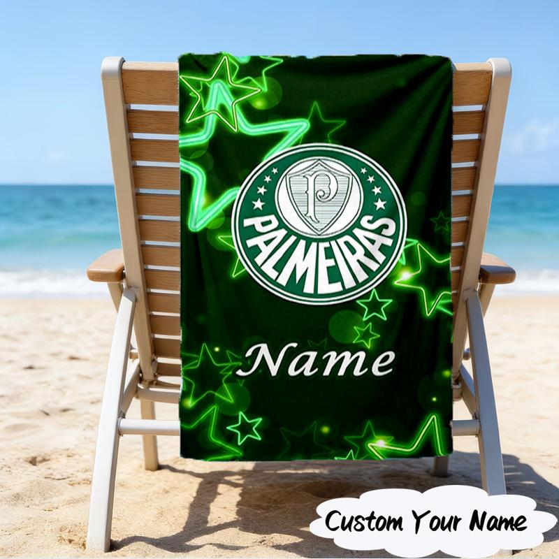 1PC Custom Name Beach Towel Green Palm Tree Emblem Beach Towel, Suitable for Camping, Travel, Beach Accessories, Super Absorbent, Family Gift