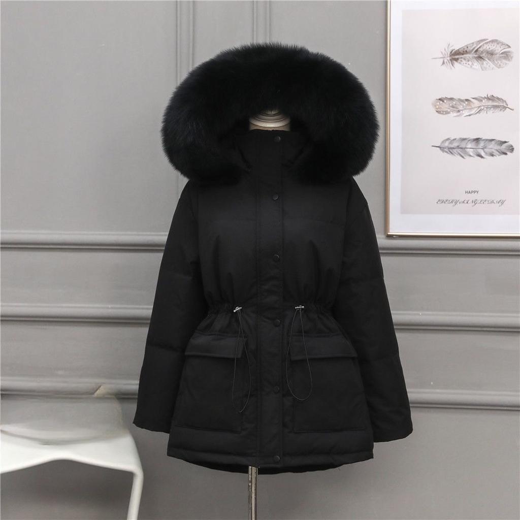 Women Padded Coat Faux Fur Collar Hooded Parkas Korean Big Size Cotton Jaqueta Waist Drawstring Midi Lenght Jackets