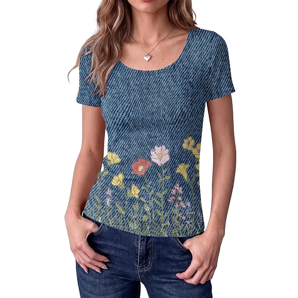 Women's Slim Fit Square Neck Vintage Floral Print Short Sleeve Top Stretchy Casual Blouse for Daily Wear and Outdoor Activities