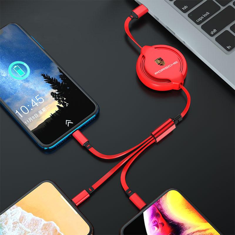 1Pcs Car Mounted Telescopic Three In One Mobile Phone Charger For Porsche 911 Cayenne Panamera Macan Boxster Carrera-GT 928 918-Spyder