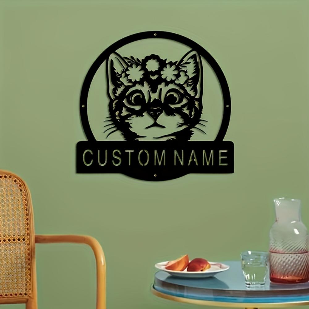 Metal Cat Flower Custom House Number Sign Personalized Garden Wall Decor Farmhouse Name Plate