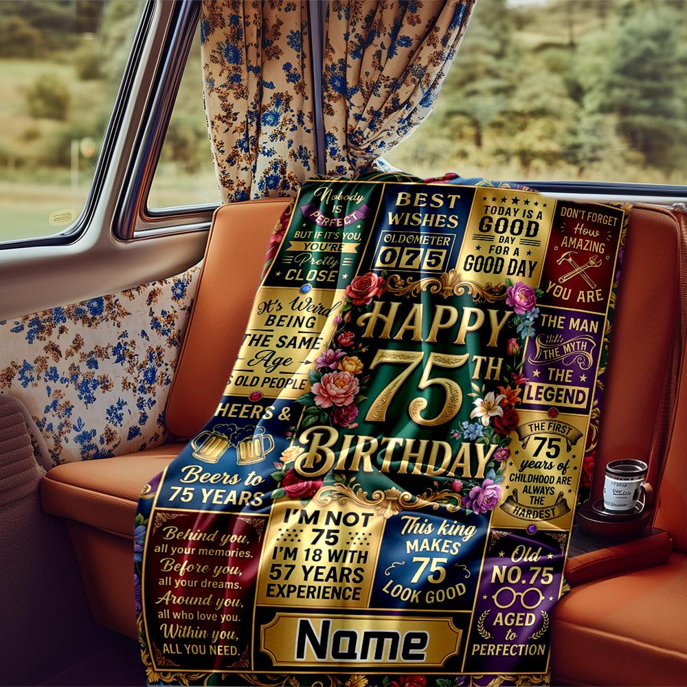 Happy 75Th Birthday Celebration Blanket Personalized Name Soft Comfortable Stylish Blanket Car Blanket Perfect For Travel Camping Outdoor Home