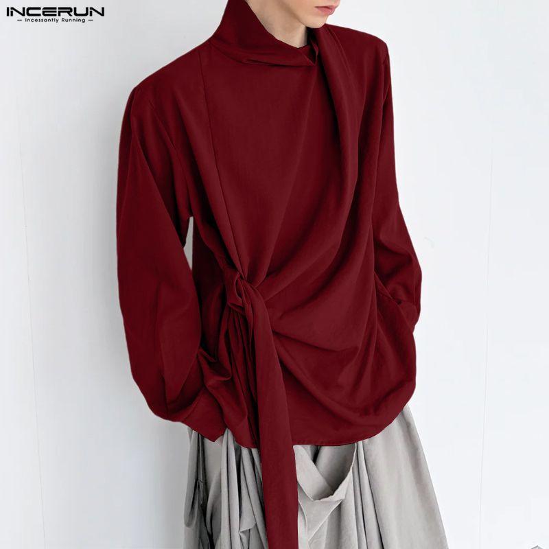 INCERUN Oversized Men Casual High Neck Long Sleeve Side Twisted Shirts Tops