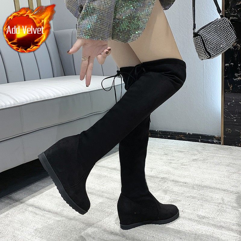 Women's Thigh-High Winter Over The Knee Boots  Slimming Built-In Heel Lift Elastic Fabric Plus Size Furry Long Boots
