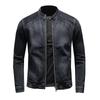 Spring 2020 Men's Dark Blue Retro Motorcycle Denim Jacket with Stand Collar and Zipper