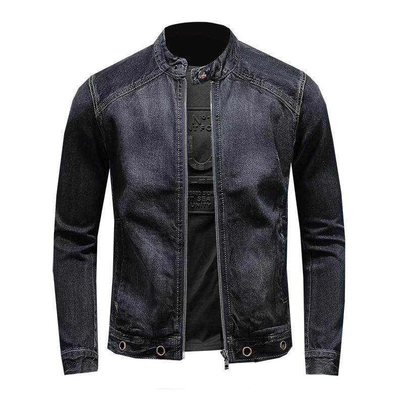 Spring 2020 Men's Dark Blue Retro Motorcycle Denim Jacket with Stand Collar and Zipper