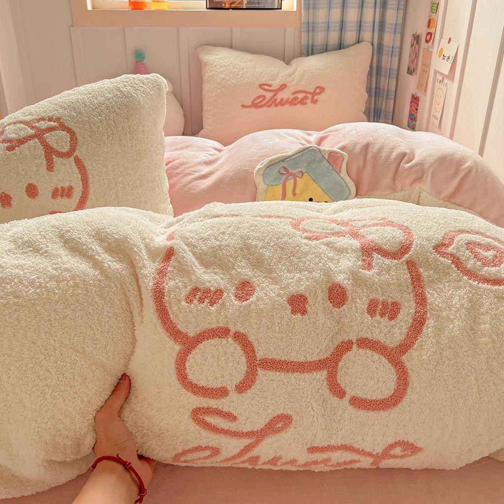 Thickened Milk Fleece Bed Four-Piece Set Warm Children'S Bedding Teddy Coral Fleece Quilt Cover Bed Sheet Three-Piece Set
