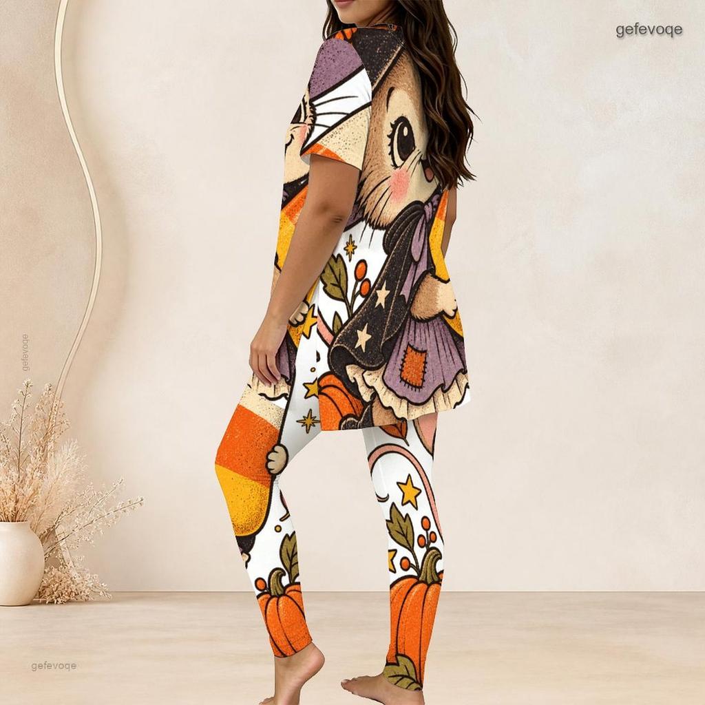 Women Plus Size White Halloween Printed Two Piece Set Round Neck Short Sleeve Longline Top And Long Pants