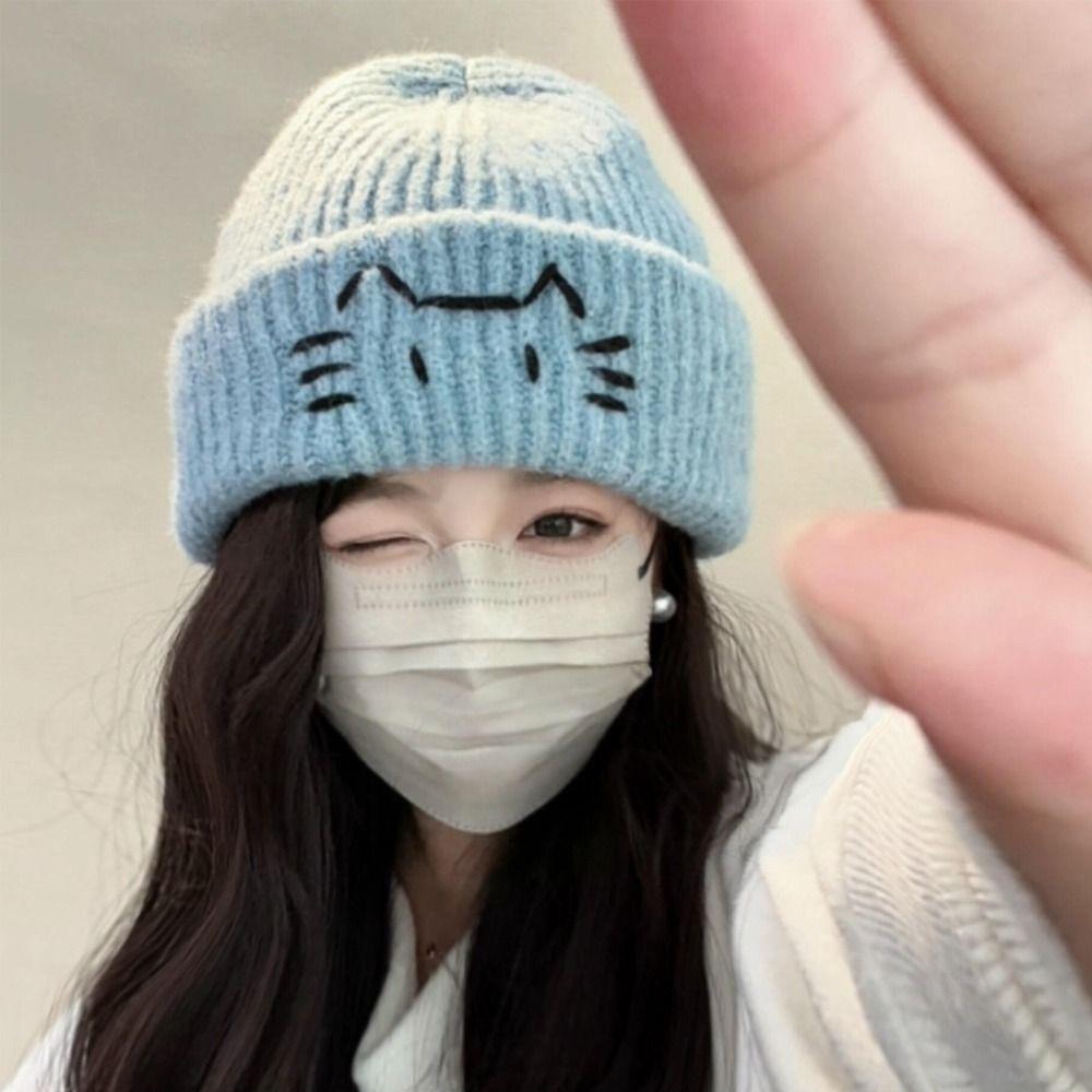 Wool Knit Beanies Embroidered Kitten Printing Knit Cap Sweet Cute Cat Knitted Hat  Outdoor