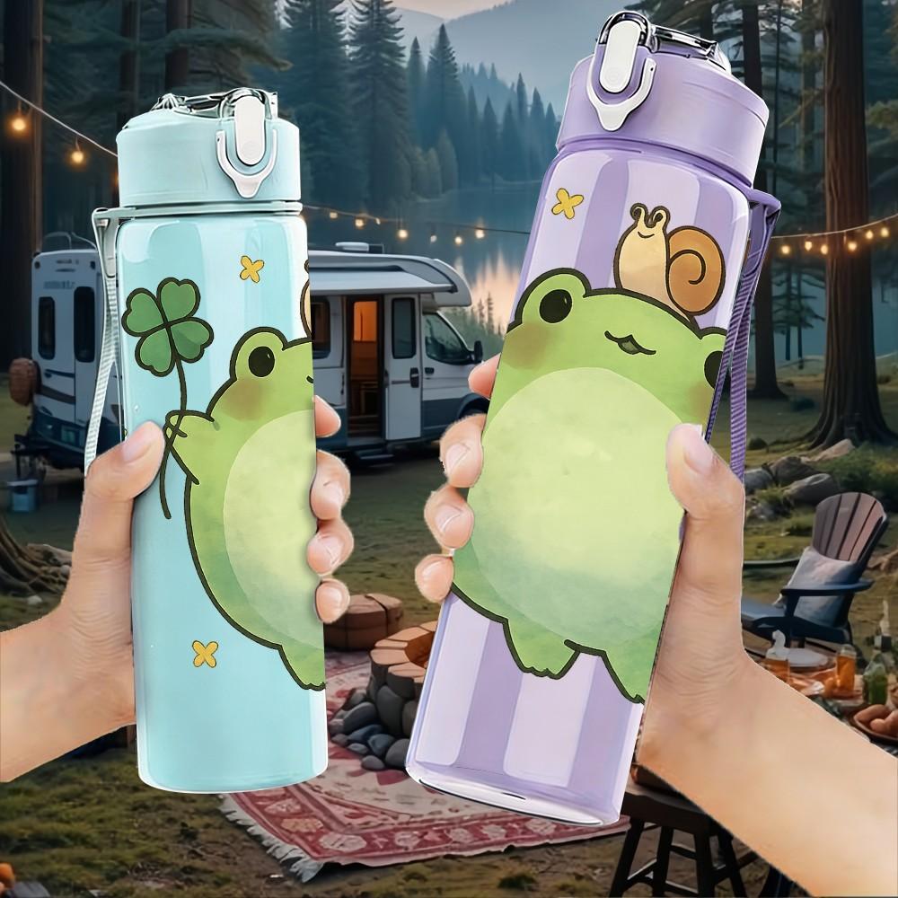 1PC Green Frog Cute Cartoon Animal 750ml Color Plastic Sports Water Bottle Leakproof Flip Straw Lid Suitable for Sports Office Home Use